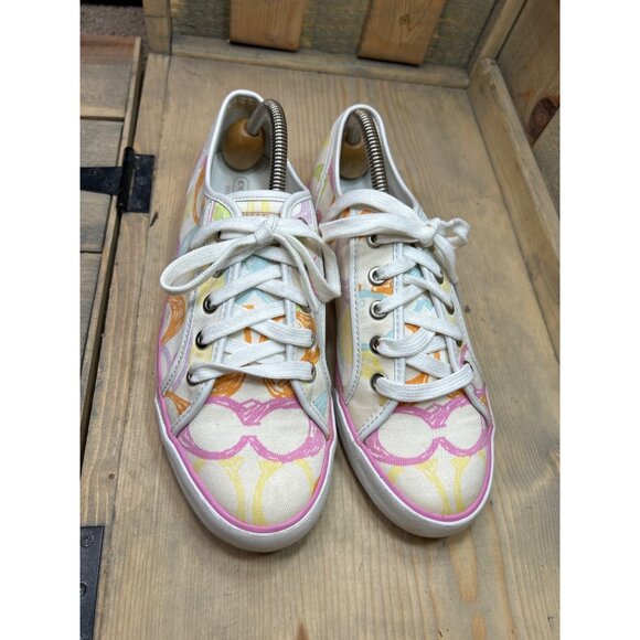 US8 8B Women COACH Multicolor Signature Logo Canvas Sneakers Dee Shoes - Picture 3 of 10
